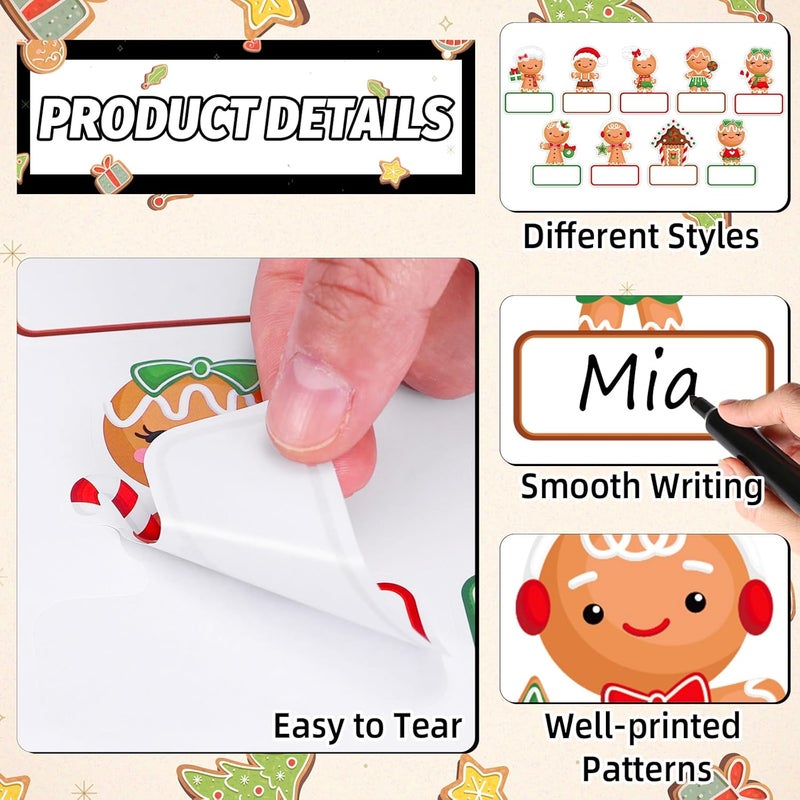 Whaline 108 Pcs Christmas Gingerbread Name Tags Gift Labels Cartoon Gingerbread Man Self Adhesive Name Tag Stickers for Xmas Present Holiday Decor - Image 3